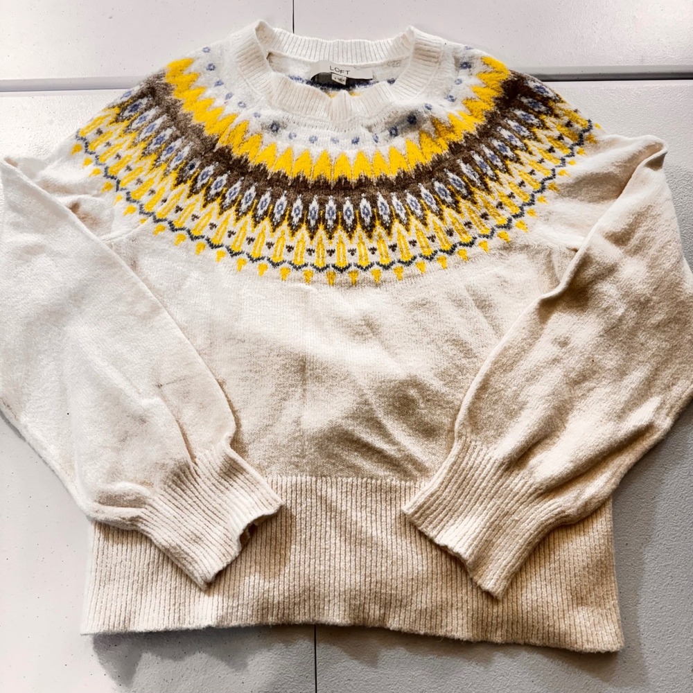 LOFT Cream‎ Yellow Fair Isle Crew Neck Pullover Sweater Size S Cozy Warm